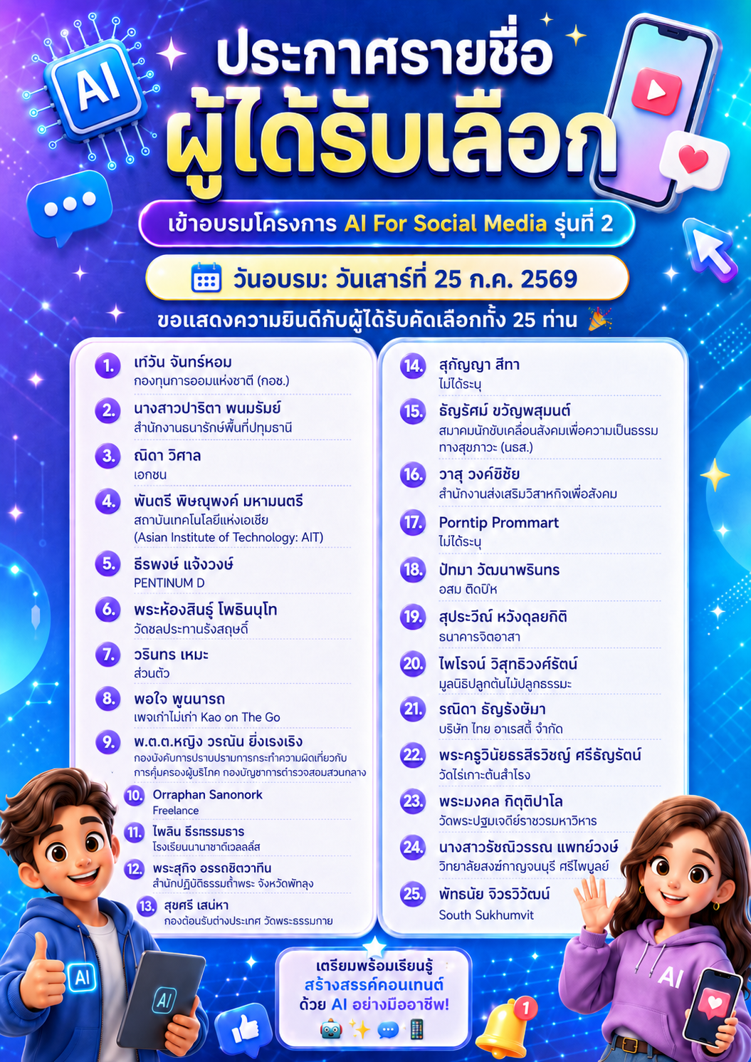 ประกาศรายชื่อผู้ได้รับคัดเลือก AI for Social Impact รุ่นที่ 2 จำนวน 25 คน